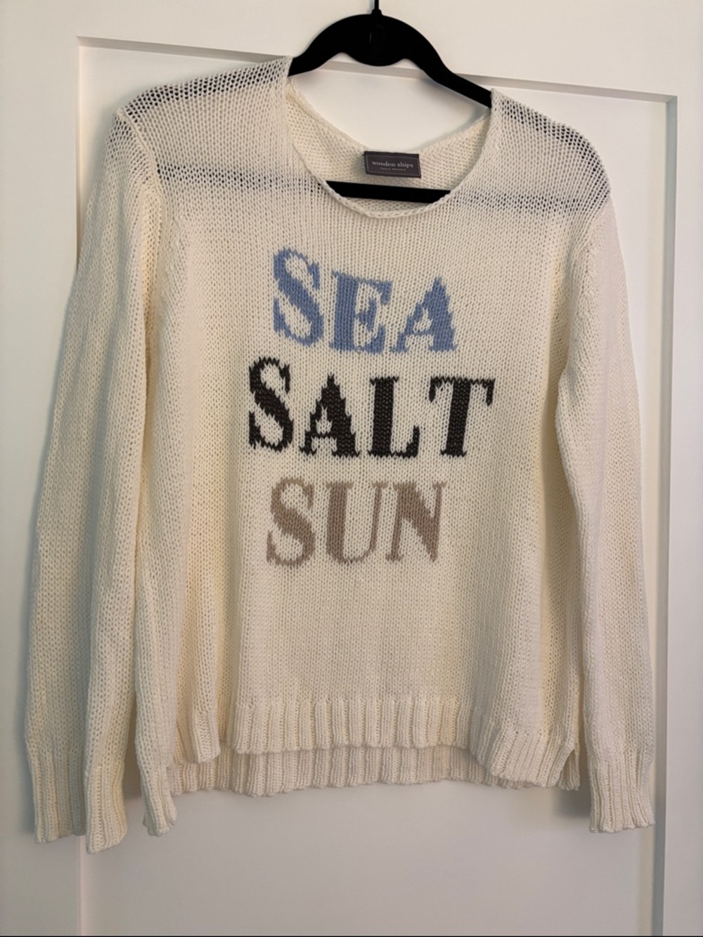 Wooden Ships Cream Open-Knit Crewneck with Blue, Black & Tan Lettering